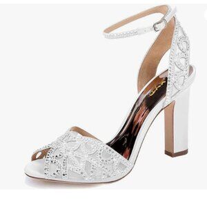 XYD White Peep Toe Rhinestone Chunky High Heel Ankle Strap Slingback Mesh Sandal